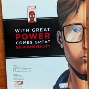 Back cover of a Marvel book featuring Spider-Man's slogan "With Great Power Comes Great Responsibility" and half of Peter Parker's face.